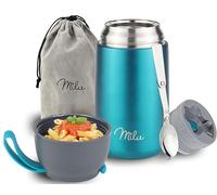 Milu Boîtes Alimentaires Isothermes 450ml I 650ml I 800ml, Boîte Isotherme Repas Chaud Porte-Aliments en Acier Inoxydable à Double Couche, Cuillère Pliante pour Ecole, Bureau (800ml/Verde)