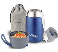 Milu Boîtes Alimentaires Isothermes 450ml I 650ml I 800ml, Boîte Isotherme Repas Chaud Porte-Aliments en Acier Inoxydable à Double Couche, Cuillère Pliante pour Ecole, Bureau (650ml/Bleu marine)