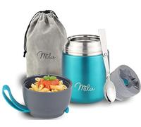 Milu Boîtes Alimentaires Isothermes 450ml I 650ml I 800ml, Boîte Isotherme Repas Chaud Porte-Aliments en Acier Inoxydable à Double Couche, Cuillère Pliante pour Ecole, Bureau (450ml/Verde)