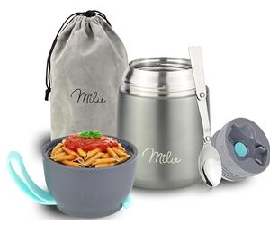 Milu Boîtes Alimentaires Isothermes 450ml I 650ml I 800ml, Boîte Isotherme Repas Chaud Porte-Aliments en Acier Inoxydable à Double Couche, Cuillère Pliante pour Ecole, Bureau (450ml/Gris)