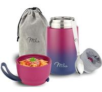 Milu Boîtes Alimentaires Isothermes 650 ml Boîte Isotherme Repas Chaud Porte-Aliments en Acier Inoxydable à Double Couche, Cuillère Pliante pour Ecole, Bureau (650ml/Berry Bleu)