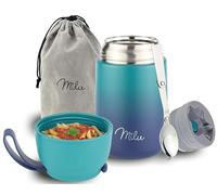 Milu Boîtes Alimentaires Isothermes 650 ml Boîte Isotherme Repas Chaud Porte-Aliments en Acier Inoxydable à Double Couche, Cuillère Pliante pour Ecole, Bureau (650ml/Vert Bleu)