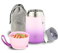 Milu Boîtes Alimentaires Isothermes 650 ml Boîte Isotherme Repas Chaud Porte-Aliments en Acier Inoxydable à Double Couche, Cuillère Pliante pour Ecole, Bureau (650ml/Rose Violet)