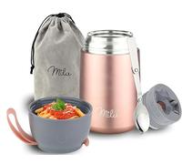 Milu Boîtes Alimentaires Isothermes 650 ml Boîte Isotherme Repas Chaud Porte-Aliments en Acier Inoxydable à Double Couche, Cuillère Pliante pour Ecole, Bureau (650ml/Or rose)