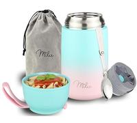 Milu Boîtes Alimentaires Isothermes 800 ml Boîte Isotherme Repas Chaud Porte-Aliments en Acier Inoxydable à Double Couche, Cuillère Pliante pour Ecole, Bureau (800ml/Rose menthe)