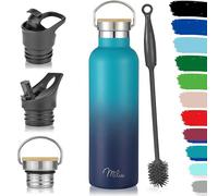 Milu Bouteille en acier inoxydable 350ml, 500ml, 750ml, 1l (+3 couvercles) - Bouteille thermo avec paille, bouteille d'eau, pour boissons chaudes, froides et gazeuses (Vert bleu, 750ml)