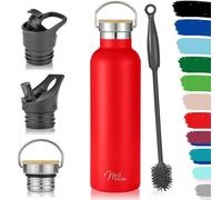 Milu Bouteille en acier inoxydable 350ml, 500ml, 750ml, 1l (+3 couvercles) - Bouteille thermo avec paille, bouteille d'eau, pour boissons chaudes, froides et gazeuses (Rouge, 750ml)
