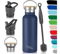 Milu Bouteille en acier inoxydable 350ml, 500ml, 750ml, 1l (+3 couvercles) - Bouteille thermo avec paille, bouteille d'eau, pour boissons chaudes, froides et gazeuses (Bleu marine, 500ml)
