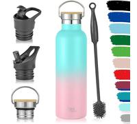 Milu Bouteille en acier inoxydable 350ml, 500ml, 750ml, 1l (+3 couvercles) - Bouteille thermo avec paille, bouteille d'eau, pour boissons chaudes, froides et gazeuses (Rose menthe, 750ml)