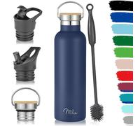Milu Bouteille en acier inoxydable 350ml, 500ml, 750ml, 1l (+3 couvercles) - Bouteille thermo avec paille, bouteille d'eau, pour boissons chaudes, froides et gazeuses (Bleu marine, 750ml)