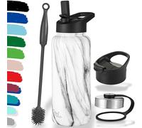Milu Bouteille en acier inoxydable 500ml, 750ml, 1000ml (+3 couvercles) - Bouteille thermo avec paille, bouteille d'eau, pour boissons chaudes, froides et gazeuses (marbre, 1l)