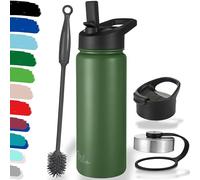 Milu Bouteille en acier inoxydable 500ml, 750ml, 1l (+3 couvercles) - Bouteille thermo avec paille, bouteille d'eau, pour boissons chaudes, froides et gazeuses (Vert olive, 500ml)