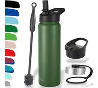 Milu Bouteille en acier inoxydable 500ml, 750ml, 1l (+3 couvercles) - Bouteille thermo avec paille, bouteille d'eau, pour boissons chaudes, froides et gazeuses (Vert olive, 750ml)