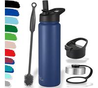 Milu Bouteille en acier inoxydable 500ml, 750ml, 1l (+3 couvercles) - Bouteille thermo avec paille, bouteille d'eau, pour boissons chaudes, froides et gazeuses (Bleu marine, 750ml)