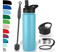 Milu Bouteille en acier inoxydable 500ml, 750ml, 1l (+3 couvercles) - Bouteille thermo avec paille, bouteille d'eau, pour boissons chaudes, froides et gazeuses (Bleu ciel, 750ml)
