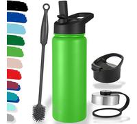 Milu Bouteille en acier inoxydable 500ml, 750ml, 1l (+3 couvercles) - Bouteille thermo avec paille, bouteille d'eau, pour boissons chaudes, froides et gazeuses (Vert pomme, 500ml)