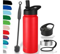 Milu Bouteille en acier inoxydable 500ml, 750ml, 1l (+3 couvercles) - Bouteille thermo avec paille, bouteille d'eau, pour boissons chaudes, froides et gazeuses (Rouge, 500ml)