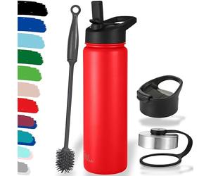 Milu Bouteille en acier inoxydable 500ml, 750ml, 1l (+3 couvercles) - Bouteille thermo avec paille, bouteille d'eau, pour boissons chaudes, froides et gazeuses (Rouge, 750ml)