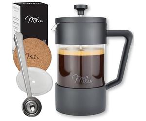 Milu cafetiere a piston presse à café | 350ml, 600ml, 1L | french press verre, Ensemble comprenant un sous-verre, une cuillère, un filtre de rechange supplémentair (Noir, 600ml (3 tasses)