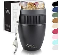 Milu Tasse à Céréales Isolée 400ml - Acier Inoxydable, Anti-Fuite, Avec Cuillère pour Yogourt/Porridge (Noir)