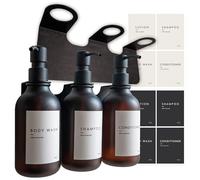 MILUKA Distributeur Savon Mural sans Perçage | 3 x 500 ML Rechargeables | Support Adhésif Invisible | Flacons Ambrés avec Pompe Noir Mat | Distributeur Shampoing Gel Douche | 8 Étiquettes