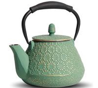 MILVBUSISS Théière en fonte - 950 ml - Motif fleurs de Sakura japonaises - Passe sur la cuisinière - Infuseur pour feuilles en vrac et café - Poignée en silicone - Intérieur en émail - Vert
