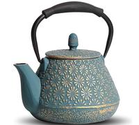 MILVBUSISS Théière en fonte - 950 ml - Motif fleurs de Sakura japonaises - Passe sur la cuisinière - Infuseur pour feuilles en vrac et café - Poignée en silicone - Intérieur en émail - Bleu