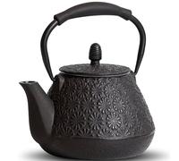 MILVBUSISS Théière en fonte - 950 ml - Motif floral de cerisier japonais - Passe au four - Infuseur pour thé en vrac et café - Poignée en silicone - Intérieur émaillé - Noir