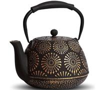 MILVBUSISS Théière en fonte de grande capacité de 1200 ml avec infuseur pour plaque de cuisson, théière japonaise Sakura pour feuilles mobiles, revêtement intérieur émaillé, poignée en silicone, noir
