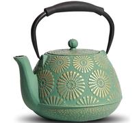 MILVBUSISS Théière en fonte de grande capacité de 1200 ml avec infuseur pour plaque de cuisson, théière japonaise Sakura pour feuilles mobiles, revêtement intérieur émaillé, poignée en silicone, vert