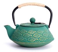 MILVBUSISS Théière en Fonte, Théière Japonaise avec Inspergraphe pour Feuille Libre, Bouilloire à Thé 800ml pour Cuisinière Enduite d’Intérieur émaillé, Motif Nuages, Vert