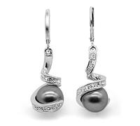 Mimei Boucles d'oreilles Pendantes, Perle de culture Grise, Argent plaqué Et Cristal, Longues Boucles d'oreilles Crochets, Cadeau Noël Anniversaire Mariage Pour Femme