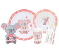 MIMI KOALA LOT VAISSELLE POUR ENFANT AVEC 1 VERRE 220 ML, 1 ASSIETTE Ø 22CM, 1 ASSIETTE CREUSE Ø 16 CM, 2 COUVERTS ET UNE PELUCHE +/- 22 CM -VAISSELLE REUTILISABLE