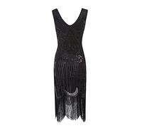 MIMIKRY Charleston Robe à paillettes années 20 pour femme Noir avec franges, noir/noir, S