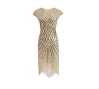 MIMIKRY Robe Charleston des années 20 à paillettes Crème/Or avec franges, costume Flapper pour femme, L