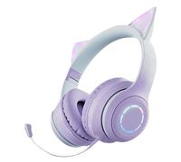 Mimoqk Casque audio sans fil pliable avec oreilles de chat, contrôle du volume, casque de son surround, casque lumineux à oreilles de chat sans fil pliable avec son surround pour PC