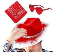 Mimoqk Lot de 3 chapeaux de cowboy de Noël, chapeaux de cowboy vintage, bandana vintage, lunettes en forme de cœur, accessoires de costume occidental