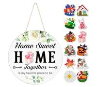 Mimoqk Panneau de bienvenue saisonnier, avec 12 icônes, décoration de vacances ronde en bois, porche, couronnes saisonnières | pour entrée, mur, porche, pendaison de crémaillère, festival, terrasse