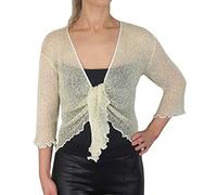 Mimosa Boléro au crochet pour femme à paillettes ou uni en dentelle super extensible avec filet de poisson à nouer à la taille Boléro Cardigan ouvert pour UK 6-28 Blanc/Or