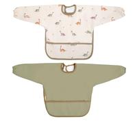 MIMUSELINA | Pack 2 Bavoirs Bebe Imperméable | Bavoir Manches Longues Bebe avec Poignets Élastiques et Fermeture Réglable | Bavoir Tablier Bébé pour Repas et Crèche | Fabriqué en Espagne (Dino)