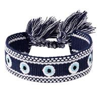 MINACHI Bracelet en corde tissée à la main, breloques scintillantes contre le mauvais œil, bleu marine, ton blanc, bijou bohème porte-bonheur pour femme, M, Polyester, Pas de gemme