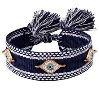 MINACHI Bracelet en corde tissée à la main, breloques scintillantes contre le mauvais œil, bleu marine, ton blanc, bijou bohème porte-bonheur pour femme, M, Polyester, Pas de gemme