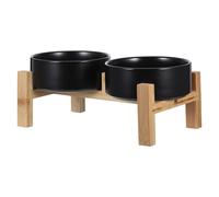 MINAOLULUS Gamelle Surélevée pour Chiens et Chats avec Support en Bois Démontable, Double Bol Céramique Mat Noir 400 ML, Taille Petite 13 Cm, Anti-dérapante, pour Alimentation et Eau