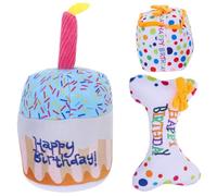 MINAOLULUS Lot de 3 Jouets en Peluche pour Chatons Gâteau d'anniversaire, Boîte Présent et Os Brodé Jouets à Mâcher et Couineurs Stimulants pour Dentition, Animaux D'intérieur, Fête