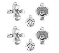 MINAOLULUS Lot de 6 Pendentifs en Alliage Argenté de Basket-ball, Comprenant Ballons, Paniers et « J’aime le Basket », Accessoires pour Collier Unisexes, Présent Sportif pour Fans et Équipes