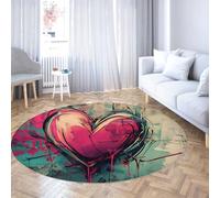 Mince Rond Tapis Graffiti Coeur Sarcelle/Magenta Grand Salon Cercle Tapis de Sol Vintage Street Art Salle à Manger résistant aux pépinière pour Chambre Cuisine Appartement Bureau à Domicile 135cm