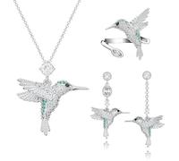 MINCHEDA Parure de Bijoux pour Femme, Colibri Collier Boucles d'Oreilles Bague Ensemble, Pendentif Bijoux Cadeaux pour Saint Valentin Noel Fête des Mères Anniversaire - Maman Femme Petite Amie