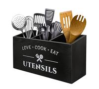 MINCORD Porte-ustensiles de cuisine avec 3 compartiments, boîte de rangement en bois rustique vintage, porte-couverts de ferme, pour argenterie, fourchette, cuillère, spatule