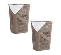 Mind Reader Lot de 2 paniers à linge fins en plastique avec couvercle ventilé, 60 L, marron clair