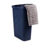 Mind Reader Panier à linge fin 40 L, panier à vêtements, couvercle, design en osier, plastique, 45,7 x 26,4 x 59,9 cm (L x l x H), bleu marine